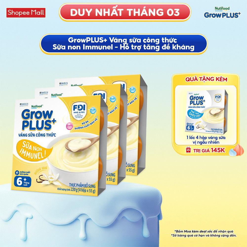 Combo 3 lốc GrowPLUS+ Váng sữa công thức Sữa non Immunel Hỗ trợ tăng đề kháng (55g x 12 hộp)