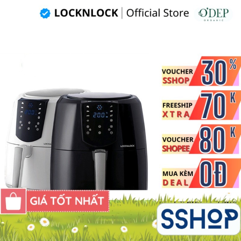 Nồi chiên không dầu điện tử 5,2L LocknLock Chính hãng, Kèm chảo nướng bánh EJF357BLK 1800W - SSHOP S