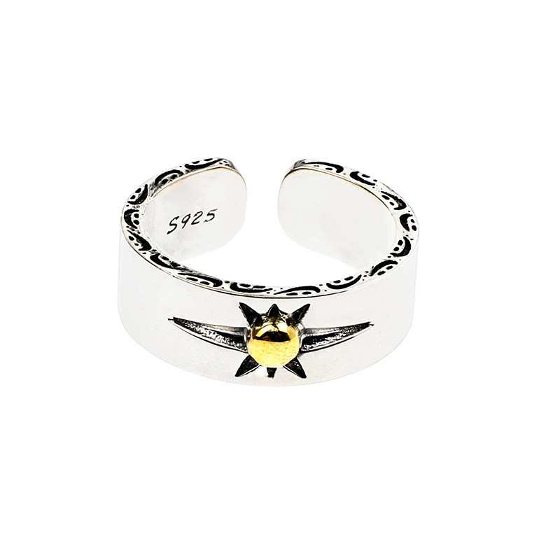 Premium In-Stock#S925Sterling Silver Retro Pattern Sun Ring for Men and Women Hip Hop Simple Trendy 