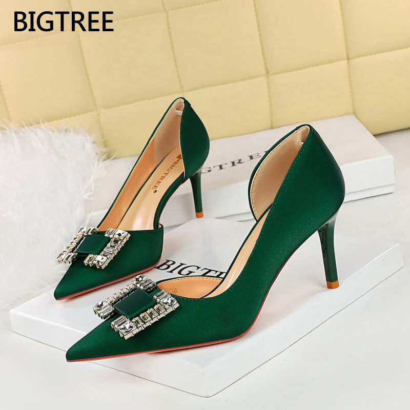 BIGTREE Nữ Giày Cao Gót 3226-AK75 Tiệc Stiletto Nông Miệng Mũi Nhọn Bên Rỗng Kim Cương Giả Khóa Giày