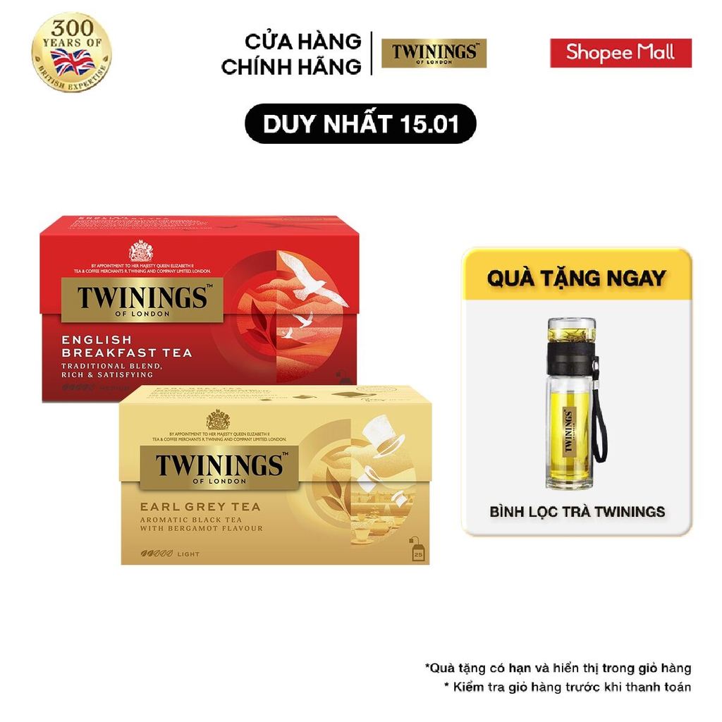 Combo 2 Trà Túi Lọc Bá Tước Twinings Earl Grey 25 gói x 2g và Trà Túi Lọc Twinnings English Breakfas