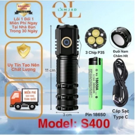 Đèn pin mini siêu sáng s400 tiện gọn cầm tay, cài mũ đội đầu, hút nam châm, chống nước