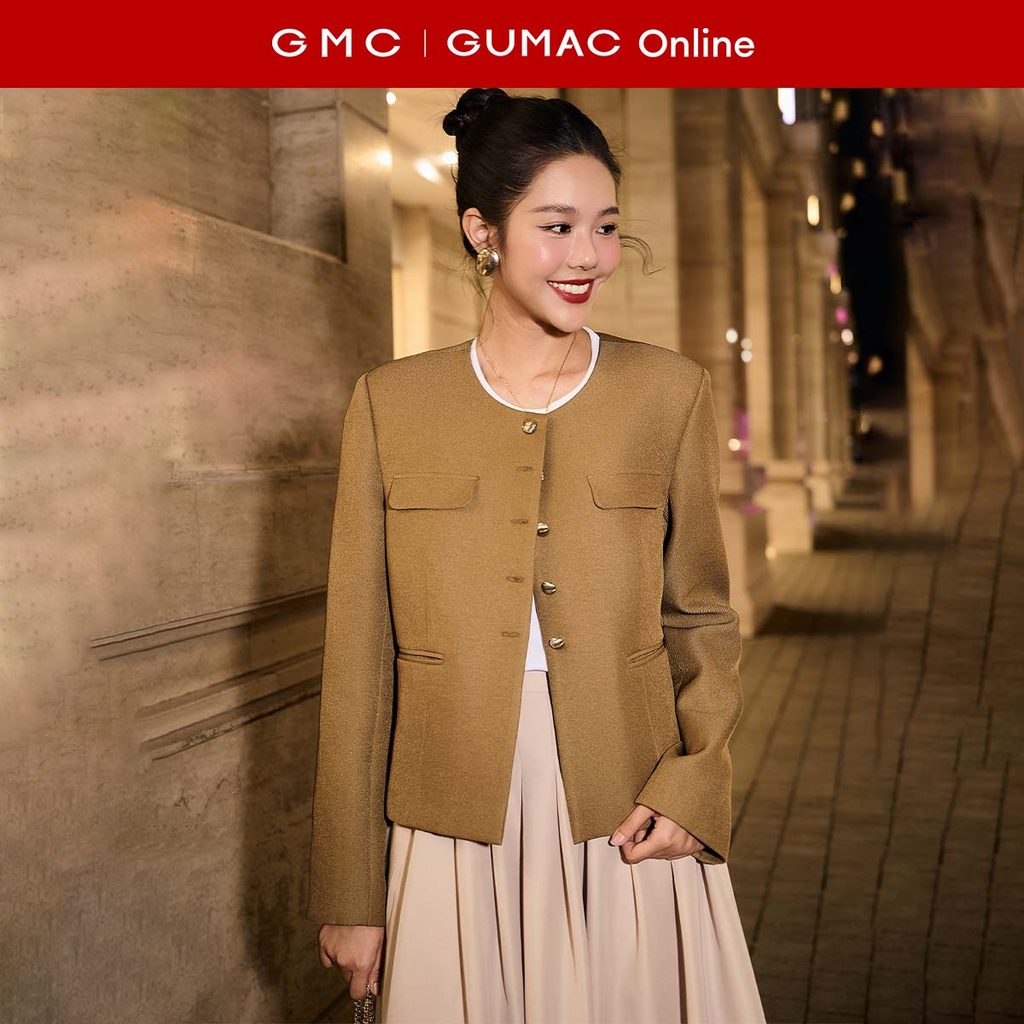 Áo khoác nữ GUMAC kiểu cổ tròn dạng tay vest có đệm vai chất bố chéo nhung đứng form OWF12075