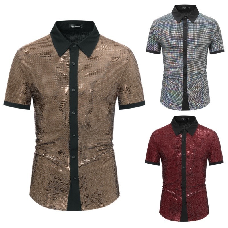 Nam Bạc bling bling Sequined Tay Ngắn Áo Phong Cách Đường Phố Lấp Lánh Champagne Vàng Áo Sơ Mi Hiệu 