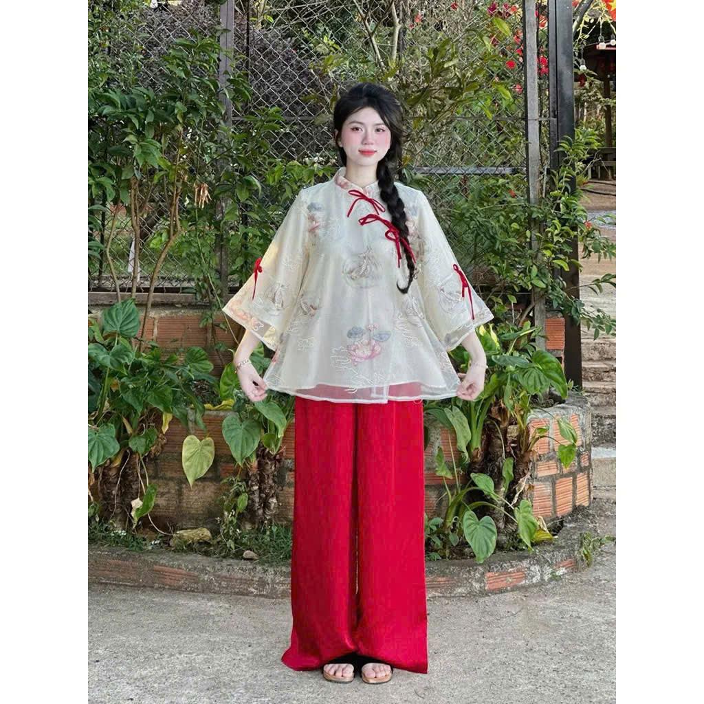 (HÀNG BIGSIZE NỮ 50KG ĐẾN 90KG) NT2235 Set Lam Áo Tơ Thêu Hoa Nổi - Quần Lụa Satin Cao Cấp NT2235