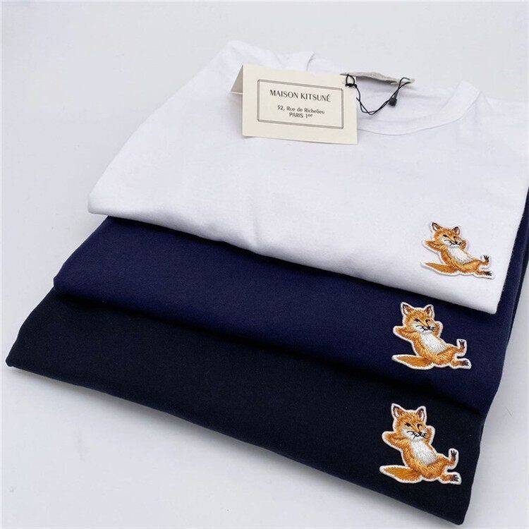 Áo thun tay ngắn MAISON KITSUNE cổ tròn, thêu hình cáo, thoáng khí, 100% cotton nguyên chất