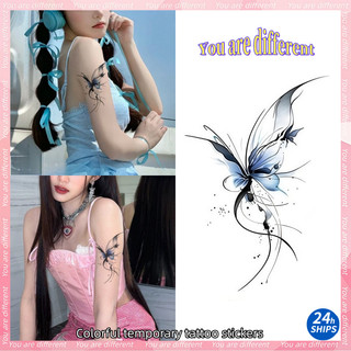 Hình xăm tạm thời màu xanh bóng bướm họa tiết gợi cảm, chống thấm nước, bền lâu đến 7 ngày