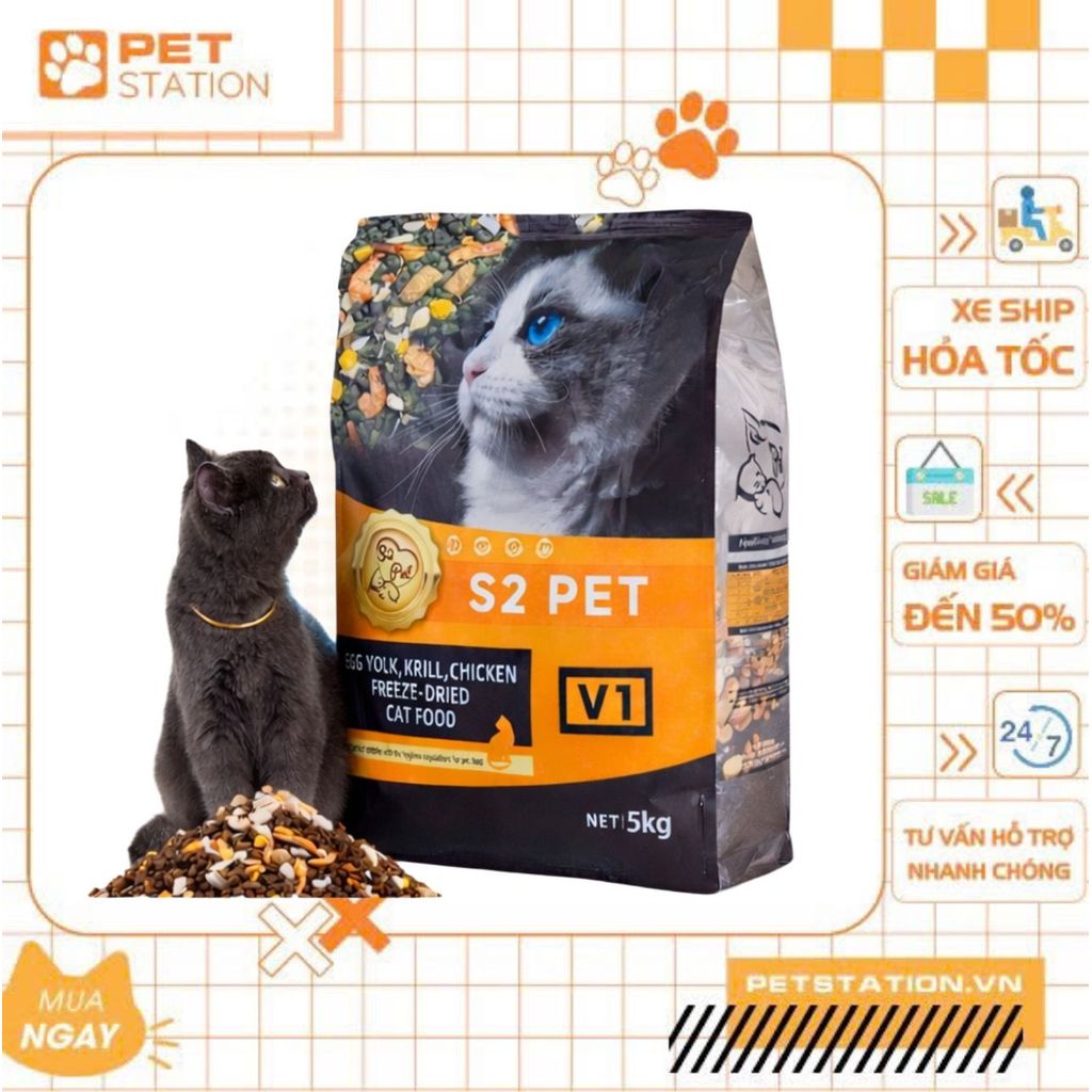 [TÚI 5KG] Hạt Cho Mèo S2PET V1 Đạm 32% Mix Thịt Đông Khô Kích Thích Thèm Ăn Phù Hợp Mọi Lứa Tuổi - P