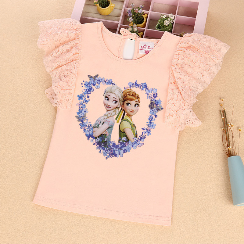 Frozen Chiều Cao 90-145cm Mùa Hè Bé Gái Áo Thun Tay Ngắn Ren Hoạt Hình Frozen Quần Áo Trẻ Em