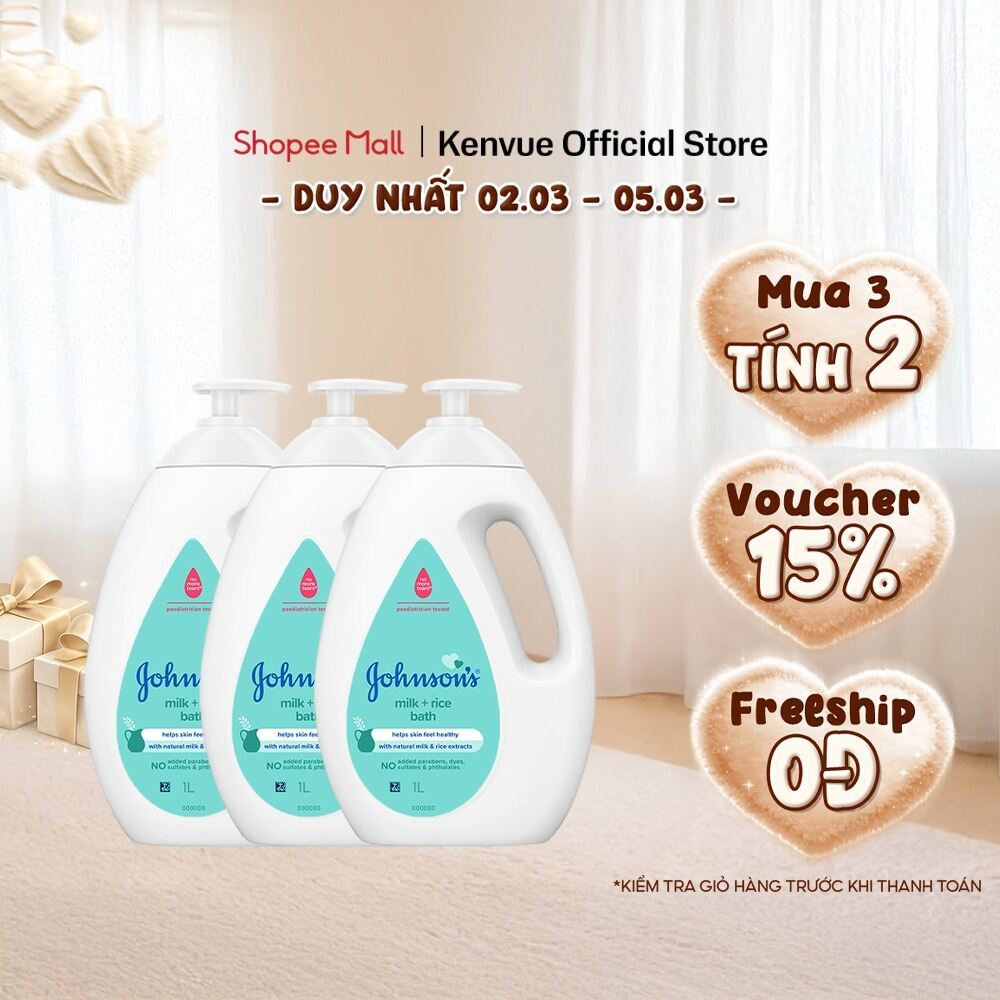 [MUA 3 TÍNH TIỀN 2] Combo 3 Sữa tắm Johnson's Baby Chứa Sữa & Gạo/Sữa Gạo & Yến Mạch/Sữa & Yến Mạch 1000ml/chai