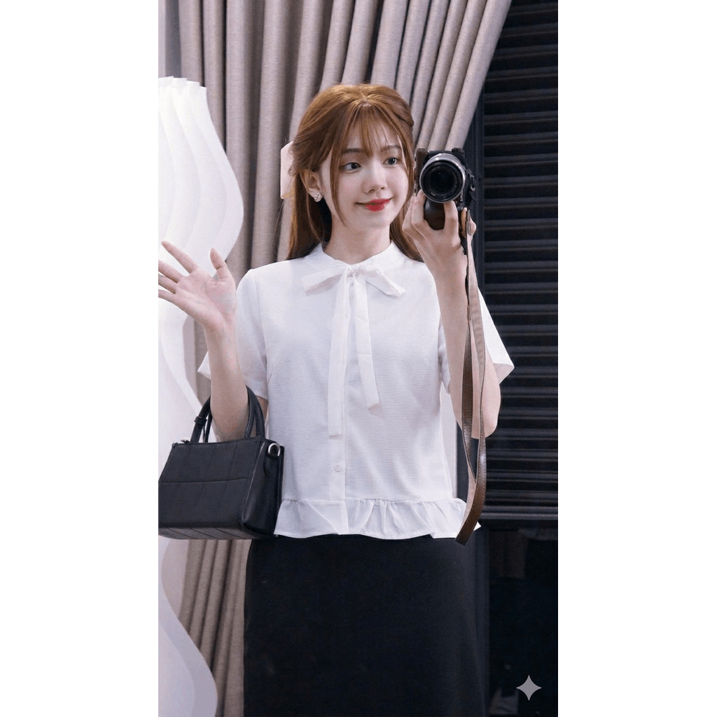 MS056 Áo sơ mi nữ cộc tay gấu bèo xinh xắn, chất liệu cotton tổ ong thoáng mát | BigBuy360 - bigbuy360.vn