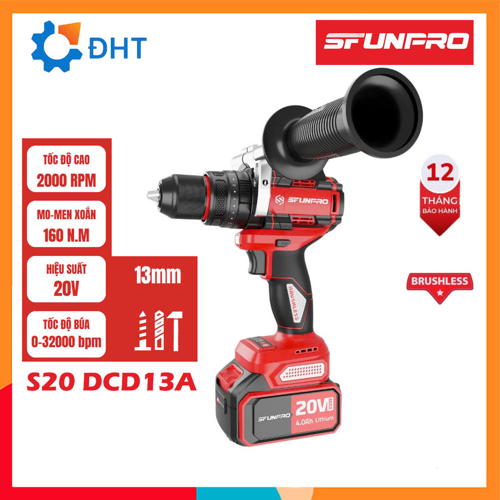 Máy Khoan Động Lực 20V Sfunpro S20 DCD13A Pin 20V/4.0ah 3 Chức Năng 13mm Không chổi than chuyên rút 