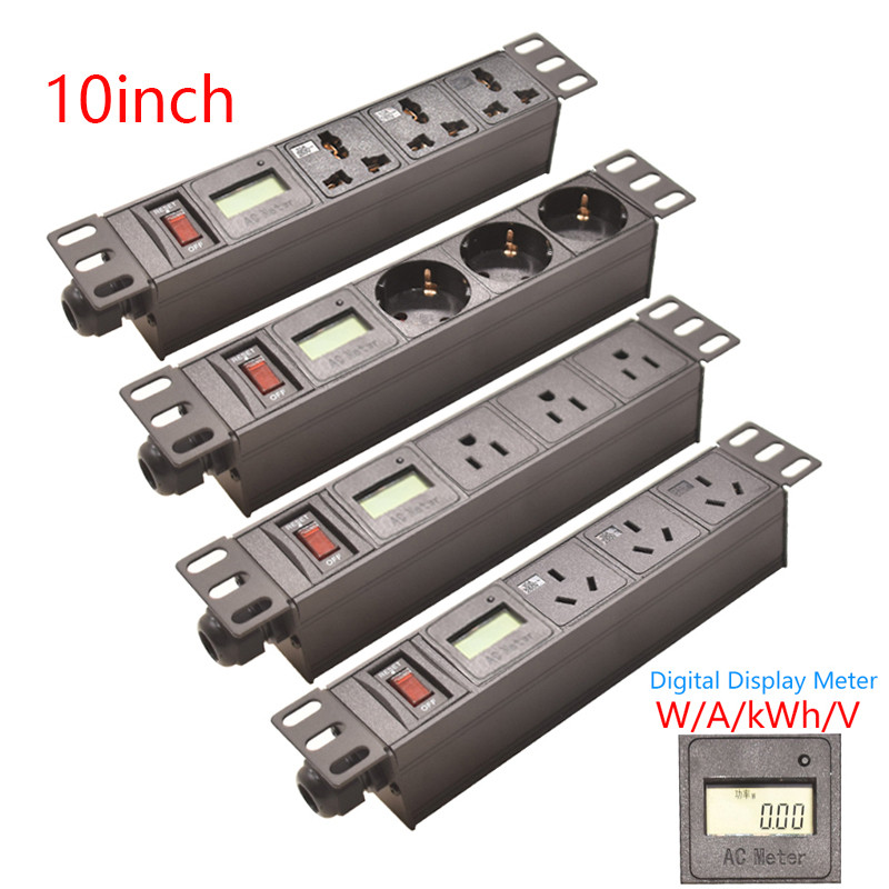 Bộ phân phối dải nguồn PDU gắn giá 10 inch, đồng hồ hiển thị kỹ thuật số AC W / A / kWh / V, Công tắ
