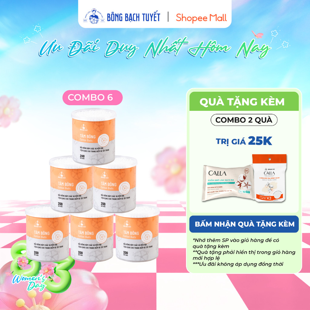 Combo 6 Hộp tăm bông Bông Bạch Tuyết người lớn (200 que/hộp tròn)