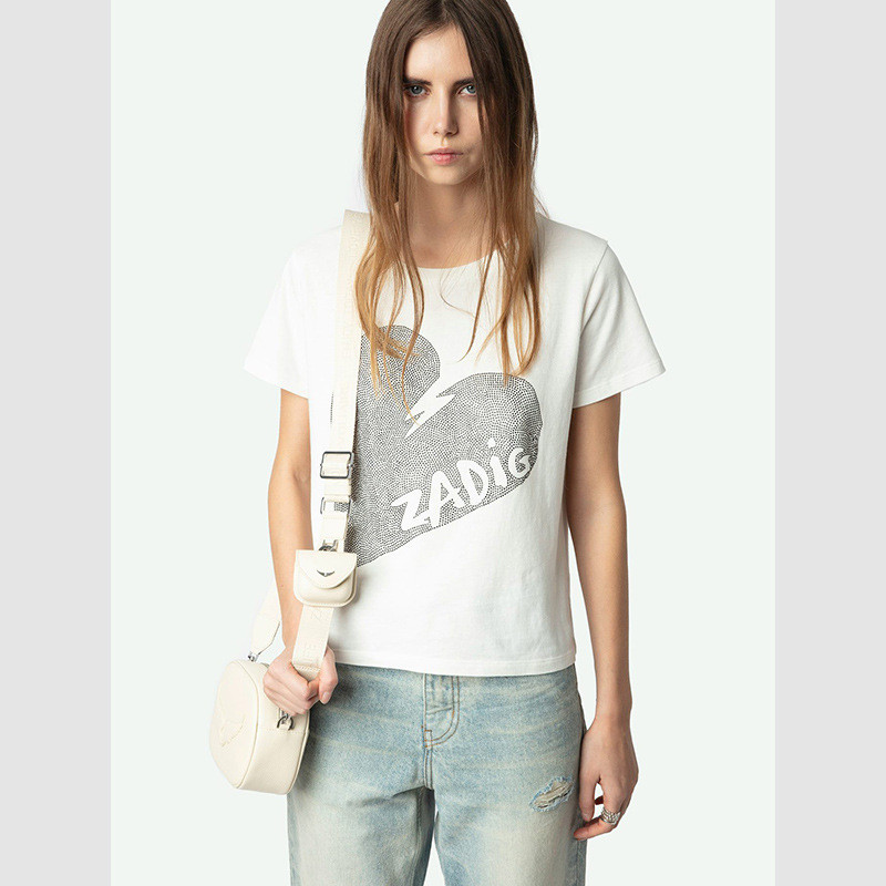 Zadig&Voltaire 25Summer new French style white cotton short-sleeve women's t-shirt with large heart-