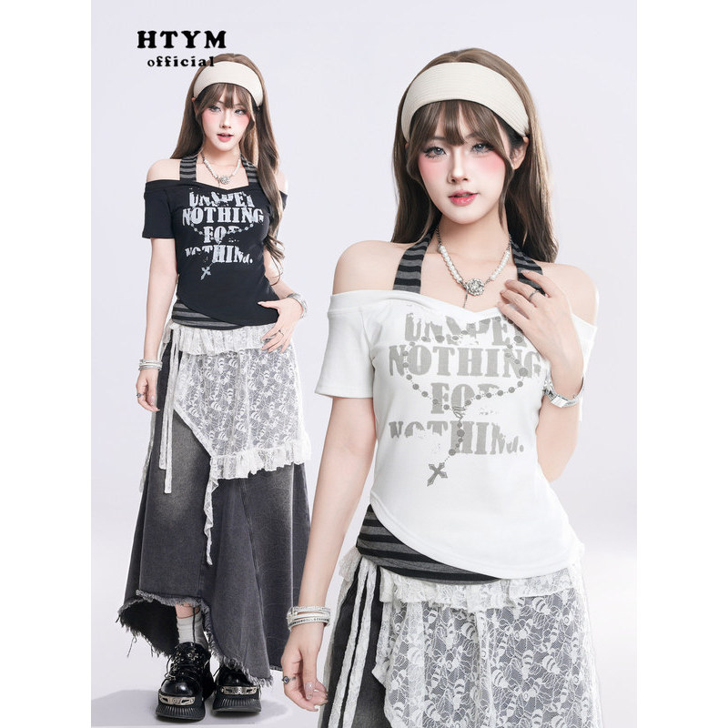 áo thun y2k áo y2k Hình Áo Thun Nữ Two-Piece Y2K Style, Thiết Kế Một Vai Ngắn Tay, Chất Liệu Mỏng Má