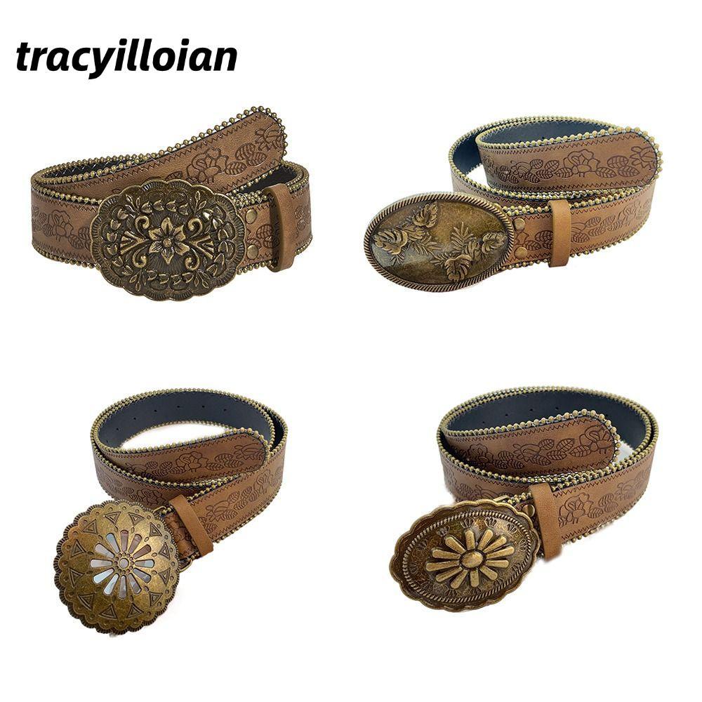 Thắt lưng cao bồi TRACELIOIAN, Thắt lưng nữ da PU Boho, Thắt lưng phương Tây khắc màu nâu cổ điển th