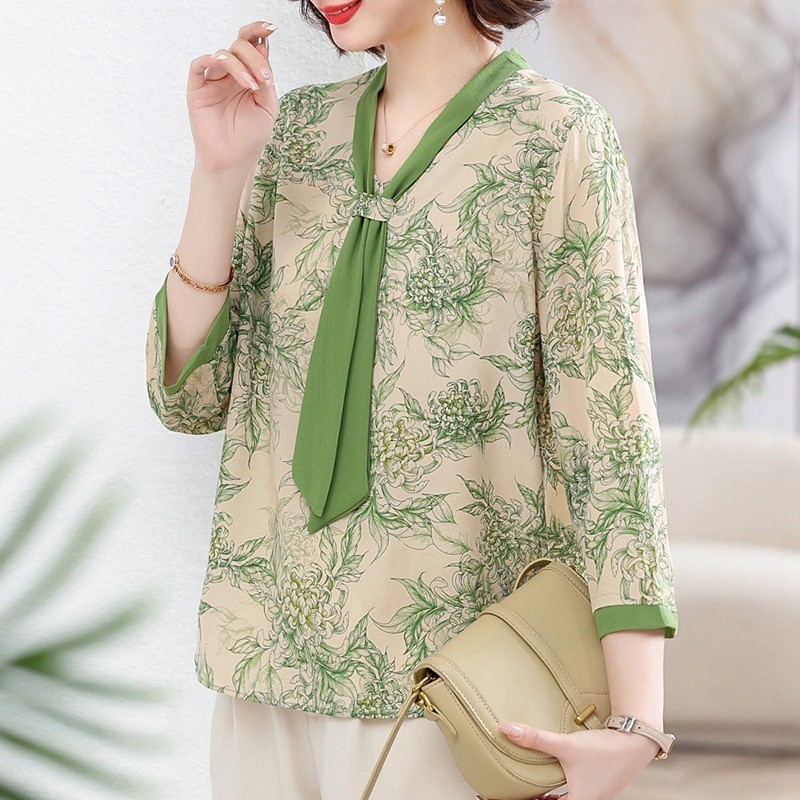 Middle-Aged Mother's Wear Three-Quarter Sleeve Shirt Bottoming Shirt Women's Western Style Youthful-