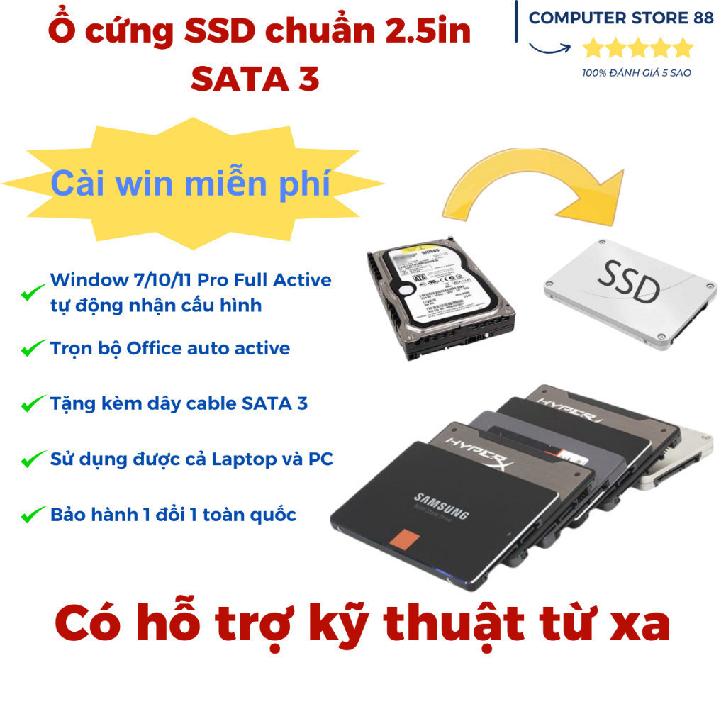 Ổ cứng SSD 120Gb 256Gb 512Gb cũ sức khoẻ tốt + tặng kèm miễn phí Cable SATA 3