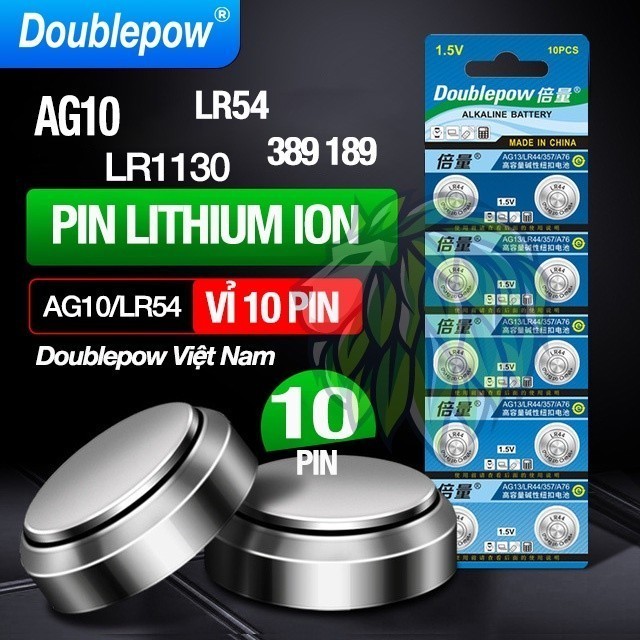 Vỉ 10 Pin Nút LR1130 AG10 LR54 389 189 Doublepow dung lượng cao Doublepow - Pin cút áo LR44 cho đồng