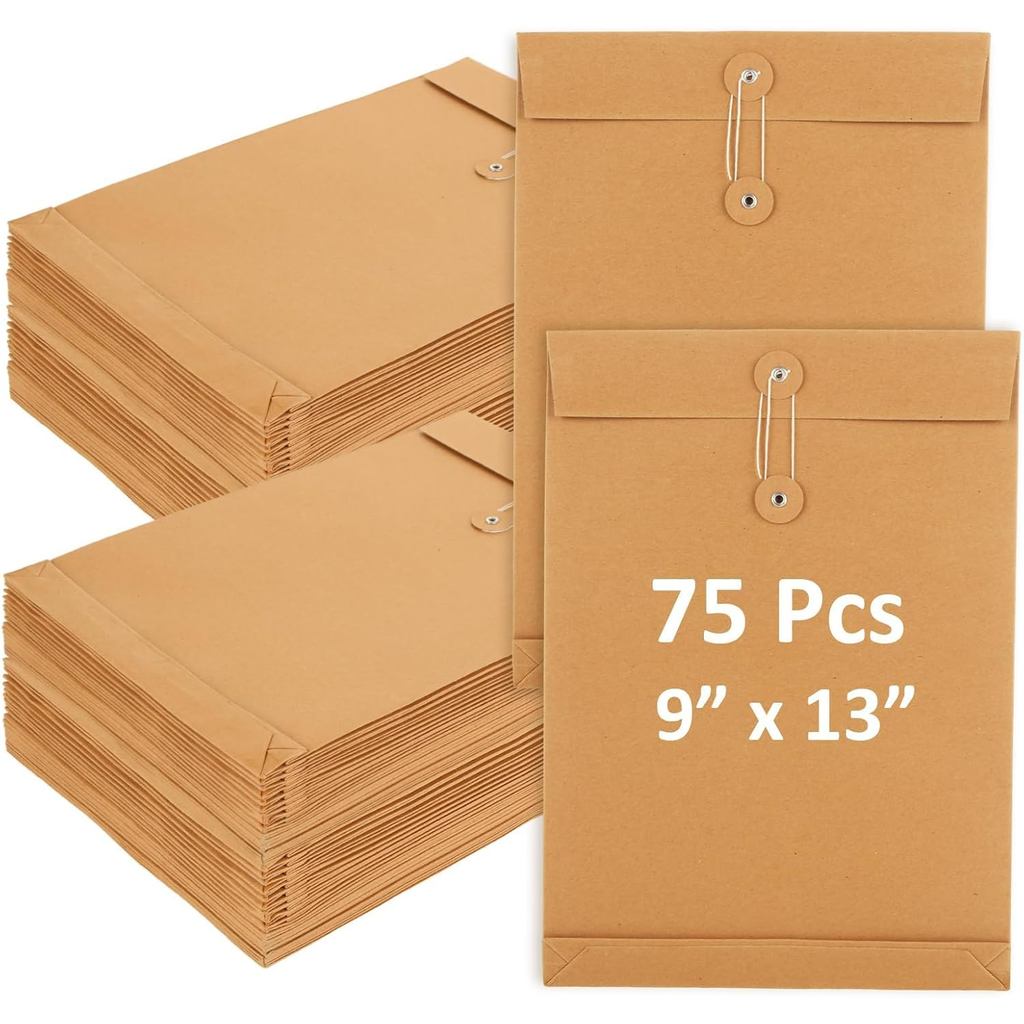 75 Gói Thư mục tập tin phong bì dây Kraft 9 x13 Inch, Túi tập tin phong bì giấy Kraft cỡ chữ A4 có n