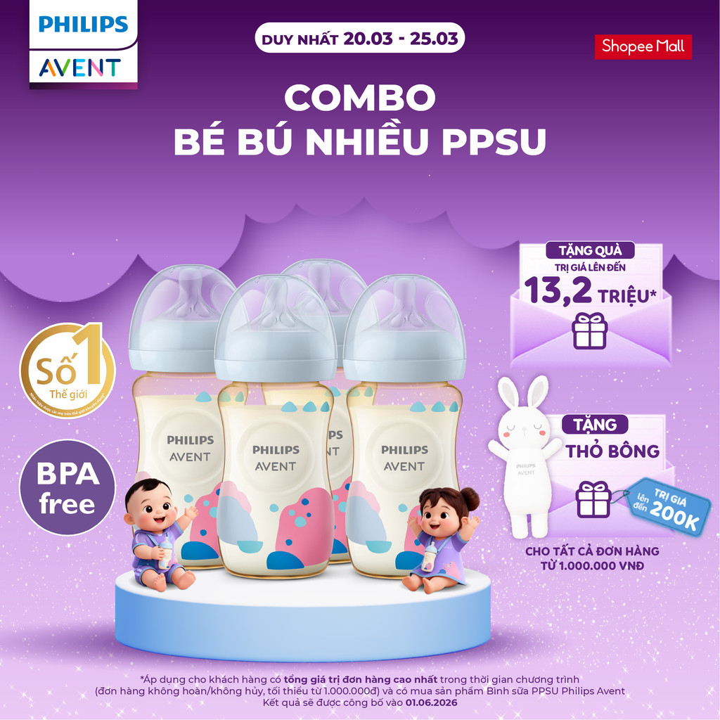 Combo bé bú nhiều PPSU - 4 Bình sữa mô phỏng tự nhiên PPSU Philips Avent 260ml