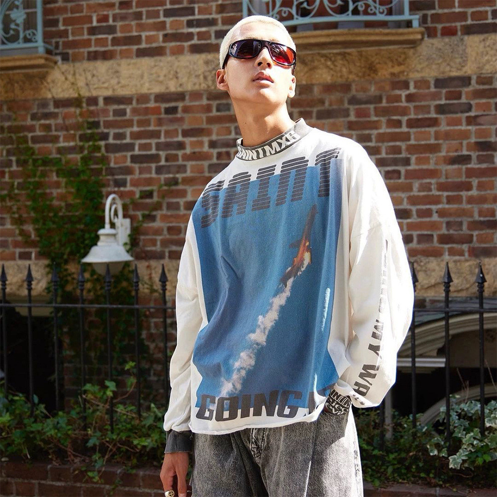 BJL4 Saint OF Michael Illustrated retro long-sleeve letter print with a small high collar and patchw