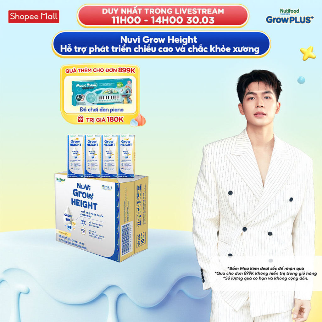 Thùng 24 hộp SBPS Nuvi Grow Height vị chuối 1+ hỗ trợ phát triển chiều cao hộp 180ml