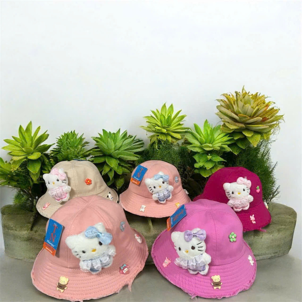 BO114: Nón bo bucket chất kaki có thú bông vành tua rua cho bé gái từ 03-07 tuổi, có dây đeo chống t
