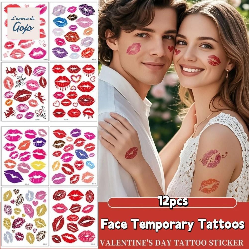 GOJO 12 Miếng Dán Hình Xăm Môi Tạm Thời, Phù Hợp Ngày Lễ Tình Nhân, Chống Thấm Nước, Hình Trái Tim n