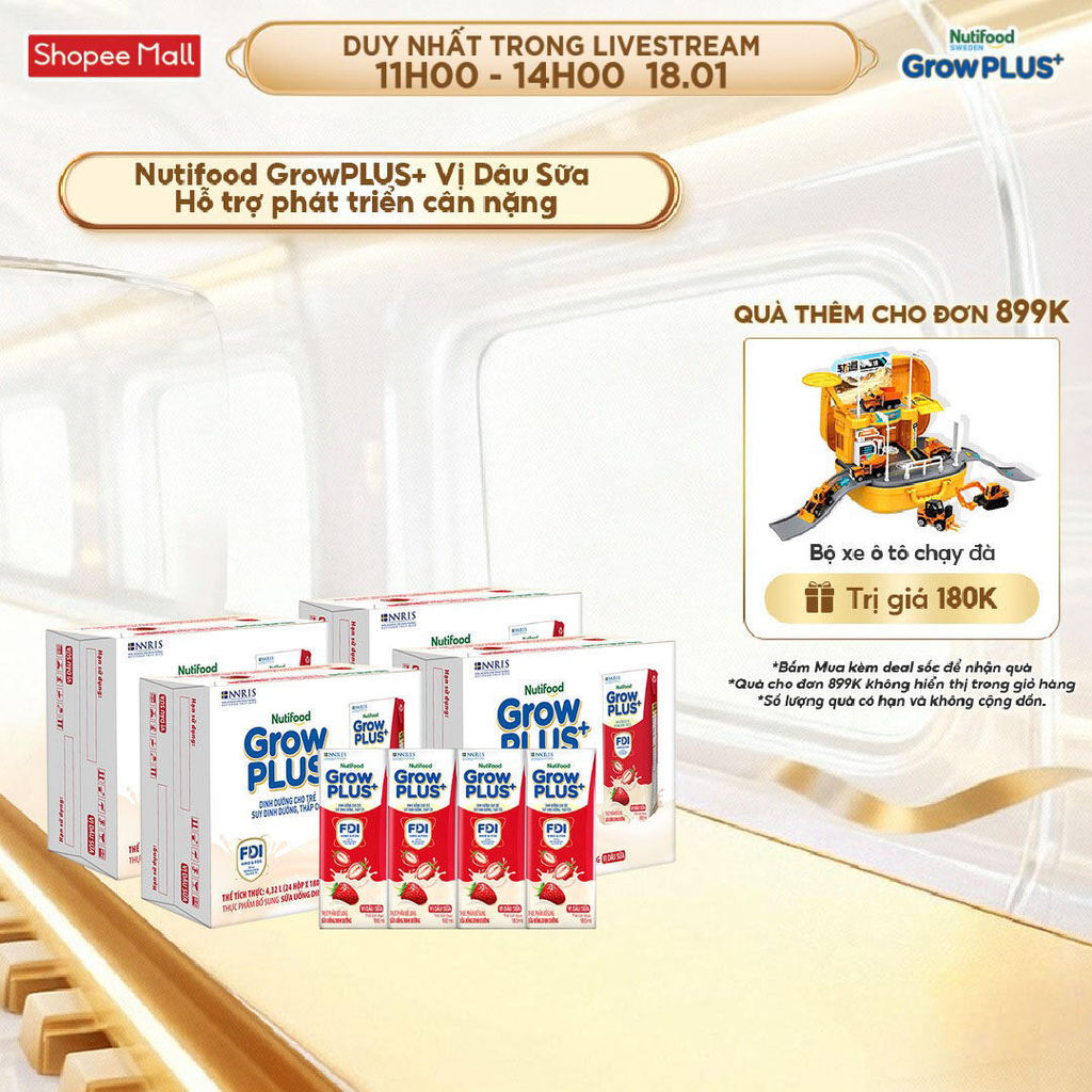 Combo 4 Thùng 24 hộp Sữa bột pha sẵn Nutifood GrowPLUS+ Vị Dâu Sữa hộp 180ml - Trên 1 tuổi