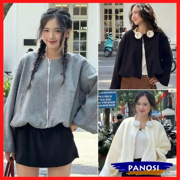 Áo khoác dạ nữ phối viền tay dáng ngắn croptop áo khoác dạ bomber phối khóa kéo trẻ trung chất dạ ép