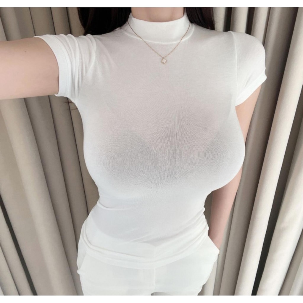 áo kiểu nữ sexy cá tính Áo thun một màu co giãn tay ngắn cổ cao tự chế 17STUDIO 2025 áo gợi cảm tron