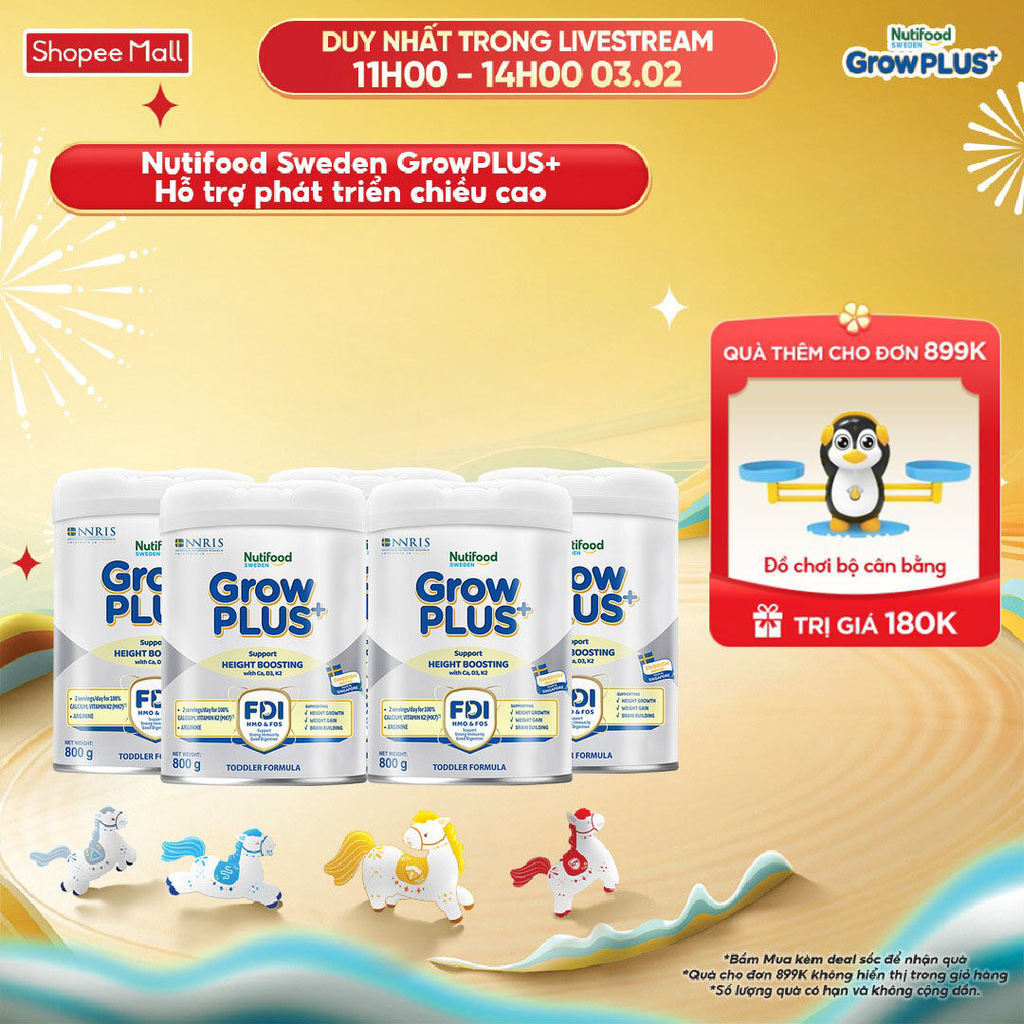 Combo 5 Sữa Bột Nutifood Sweden GrowPLUS+ Cao lớn vượt trội từ 1 - 2 tuổi (Bạc) 800g