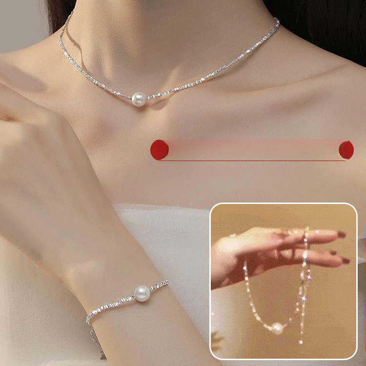 【Elegant Pearl & Sterling Silver】JS Jewelry Set Necklace Bracelet Combo For Women/Pearl Jewelry Set/