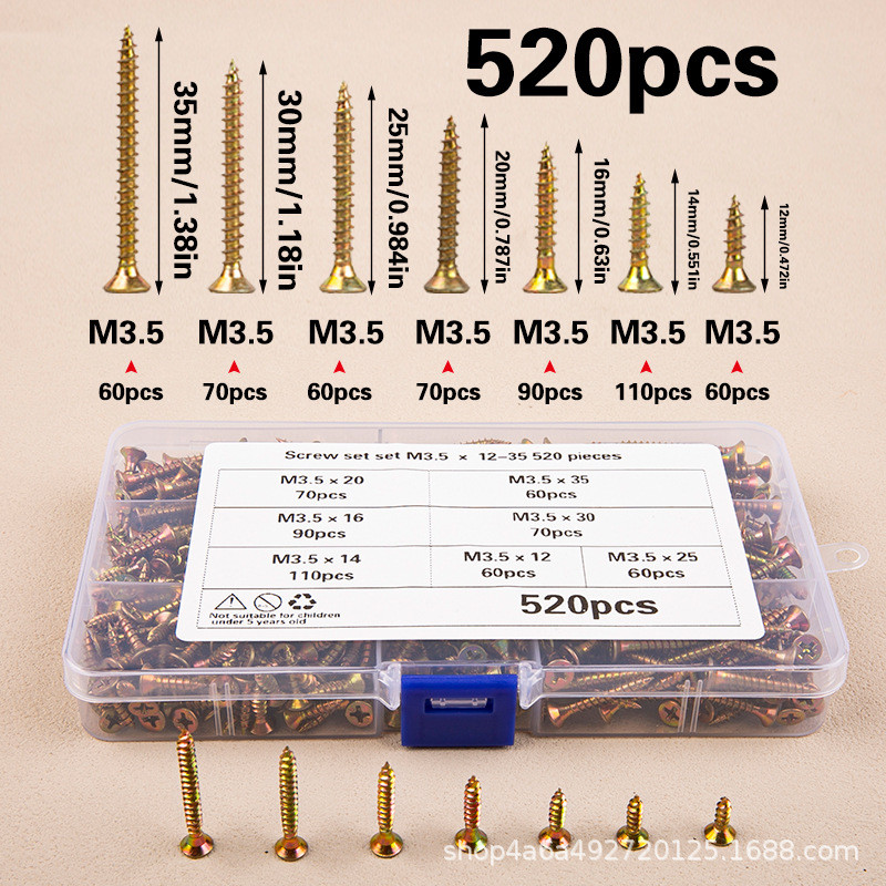 520 Miếng M3.5 Phillips Countersunk Head Color Vít mạ kẽm Bộ vít tự khai thác Vít chế biến gỗ