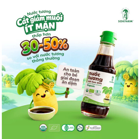 [Chai 200ml cho bé] Nước tương Mật Hoa Dừa Organic Sokfarm, không đậu nành, chỉ 2 thành phần,an toàn
