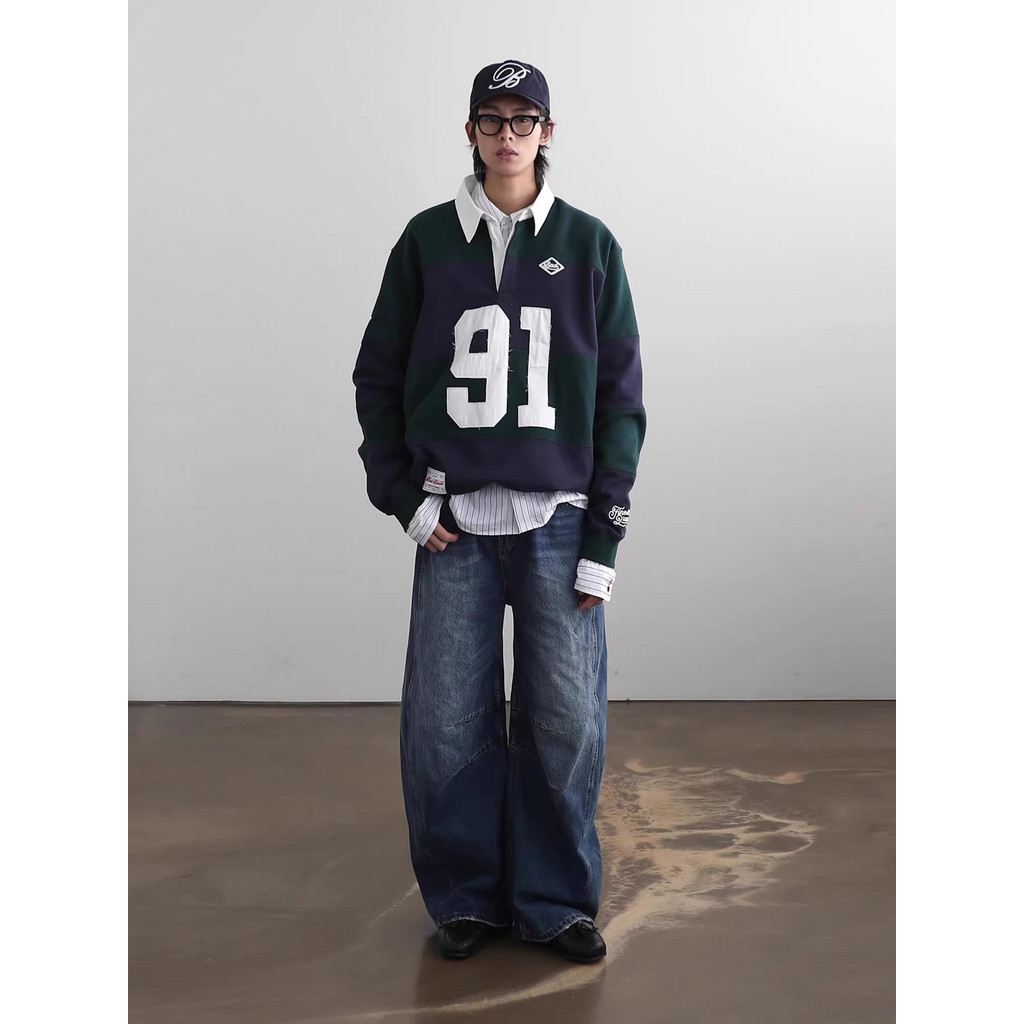 Badblood Vintage Street Style Polo Sports collar with letter print, casual loose fit, unisex, color 