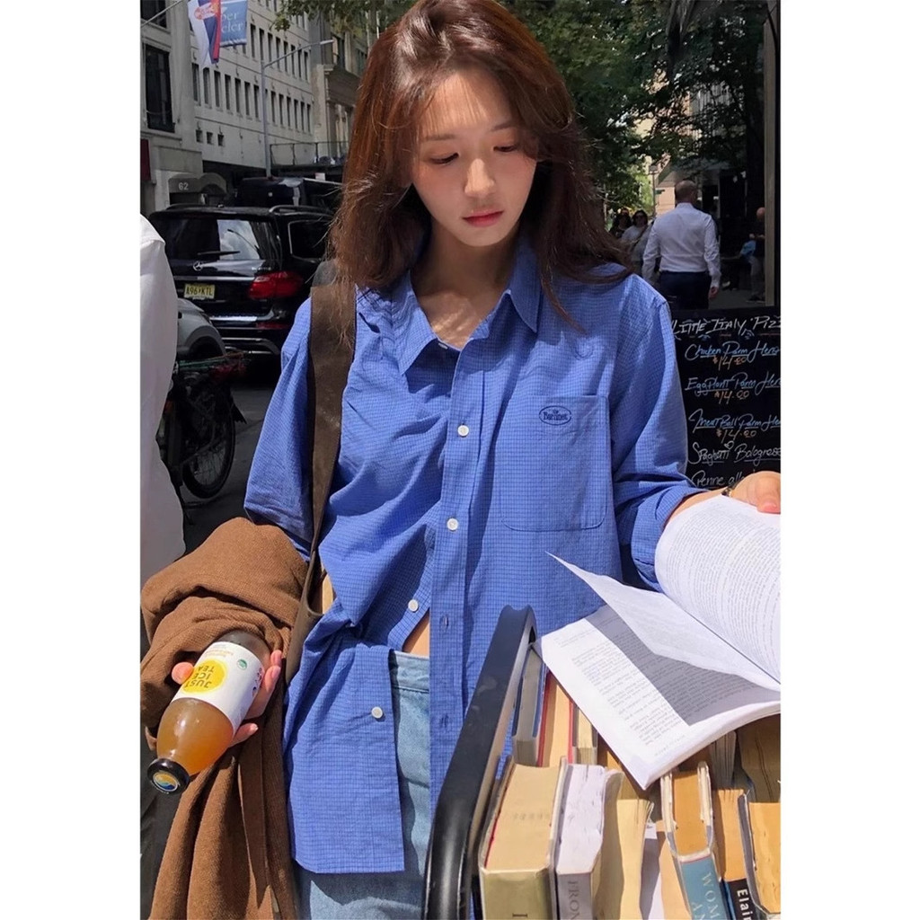 The Barnnet Korean niche loose-fitting versatile casual small checkered long-sleeve shirt, blue plai