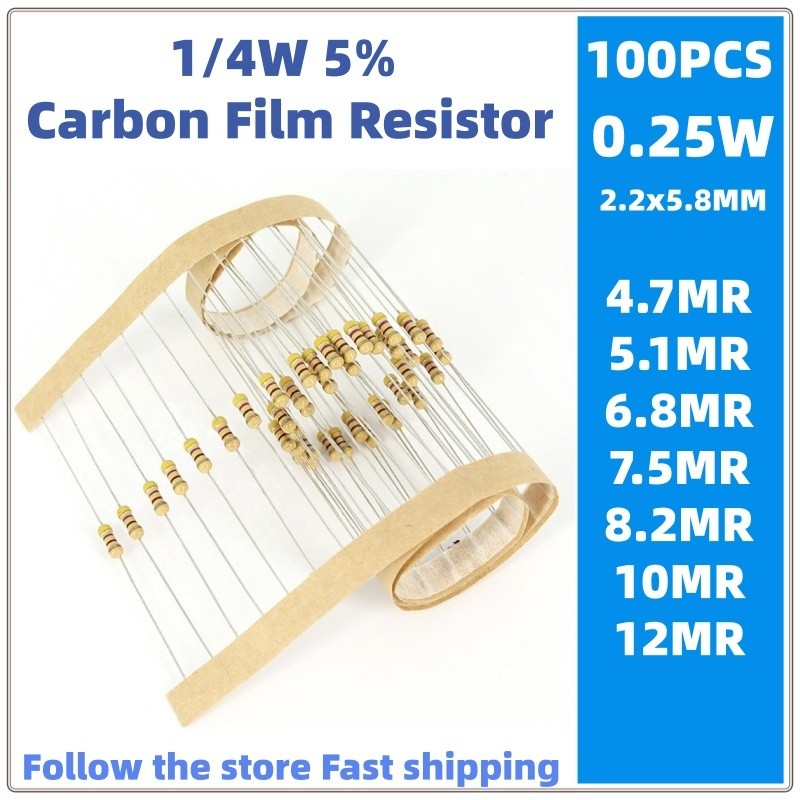 100 Chiếc 1 / 4w Phim carbon Điện Trở 5% 0,25w 4.7MR 5.1MR 6.8MR 7.5MR 8.2MR 10MR 12MR
