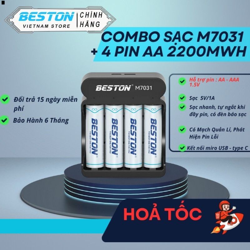 Combo sạc m7031 và 4 pin AA 1.5V Type-C - Sạc nhanh, an toàn.