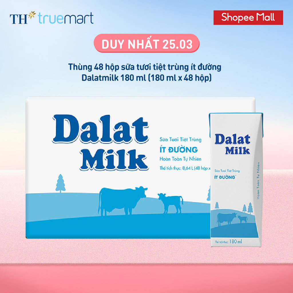 [LIVE STREAM] Thùng 48 hộp sữa tươi tiệt trùng Dalatmilk ít đường 180 ml (180 ml x 48)
