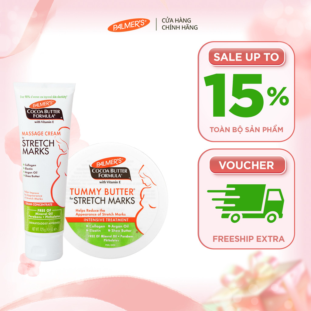 [Chính hãng] COMBO Ngăn ngừa rạn cho mẹ bầu GIỮA và CUÔI thai kỳ Palmer's (Kem rạn 125g và Bơ rạn 125g)