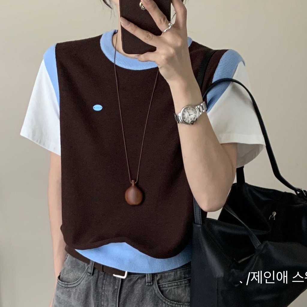 Jane Yuan Áo hai mảnh cổ tròn tay ngắn, thiết kế thời thượng màu sắc tương phản - Mùa xuân mới 26101