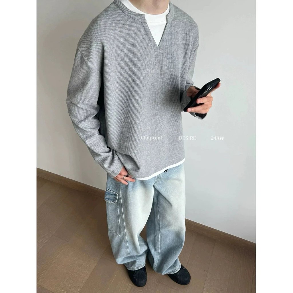 Waffle-patterned faux two-piece short and wide cleanfit Textured long-sleeve base shirt T Shirt