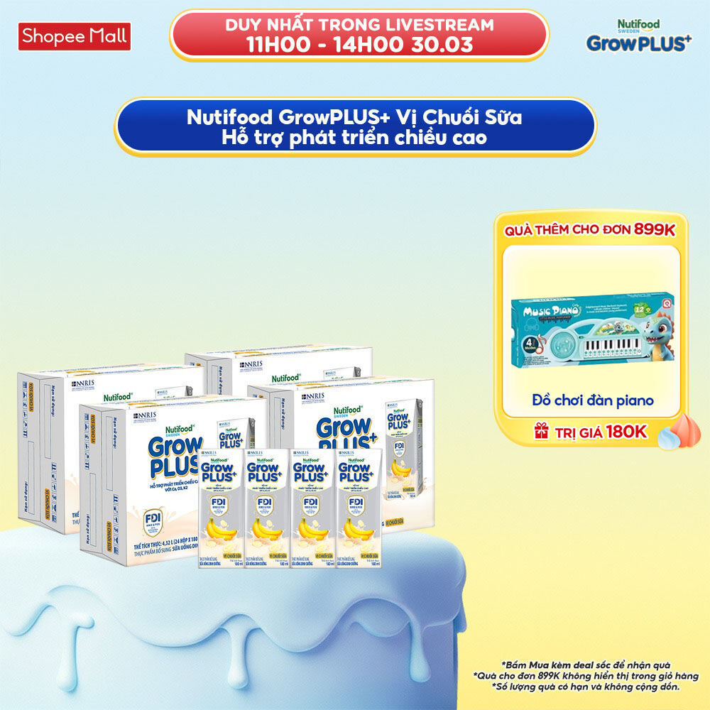 Combo 4 Thùng 24 hộp Sữa bột pha sẵn Nutifood GrowPLUS+ Vị Chuối Sữa hộp 180ml - Trên 1 tuổi