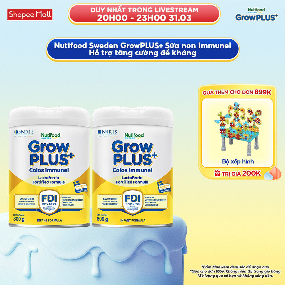 Combo 2 Sữa Bột Nutifood Sweden GrowPLUS+ Sữa Non Immunel lon 800 g (Bao bì tuỳ lô hàng)