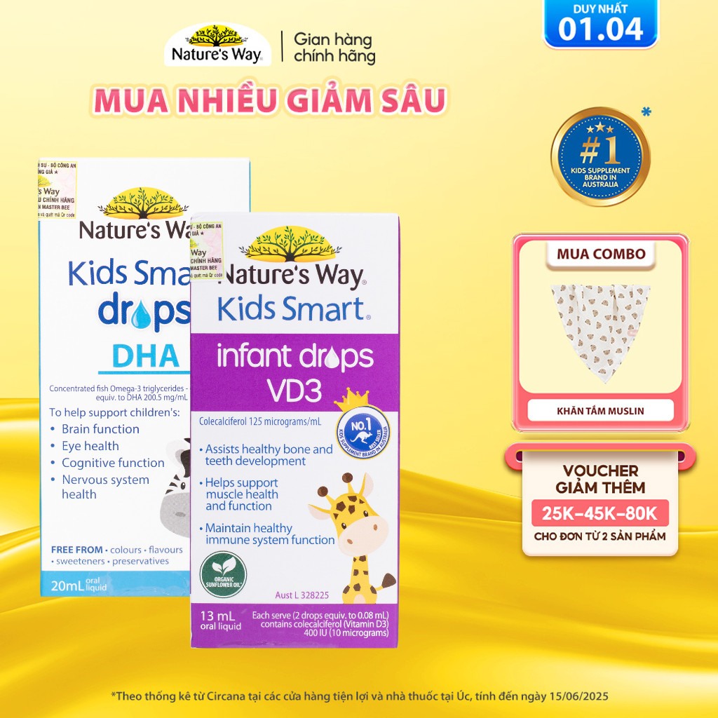 Combo 2 Siro Uống Nature's Way Kids Smart Drops DHA và Infant Drops VD3 organic Bổ Sung Vitamin D Ch