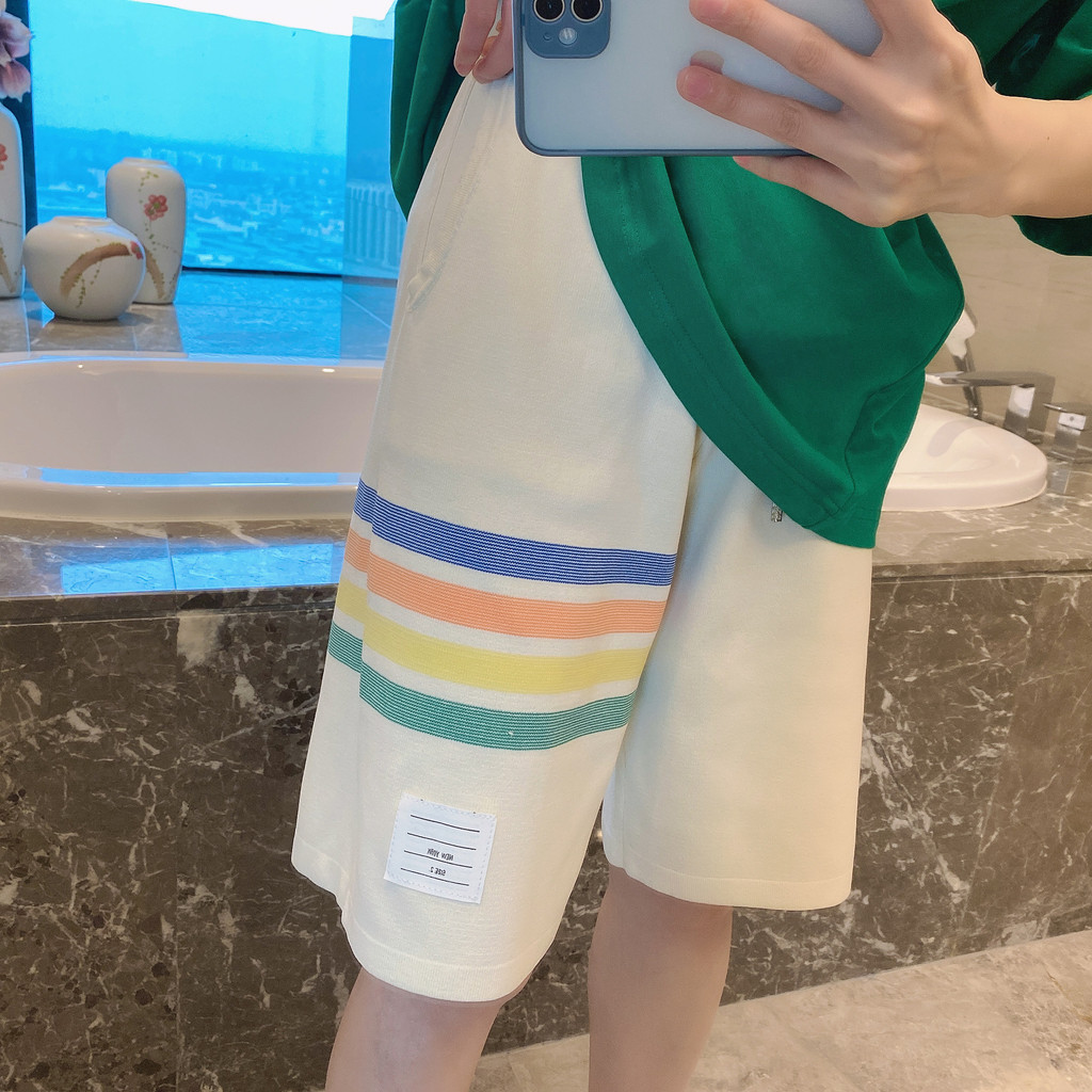 FJNK TM Summer Women's Shorts Ice Silk Knitted Wide-Leg Pants Colorful Four-Stripe Mid-Length Shorts