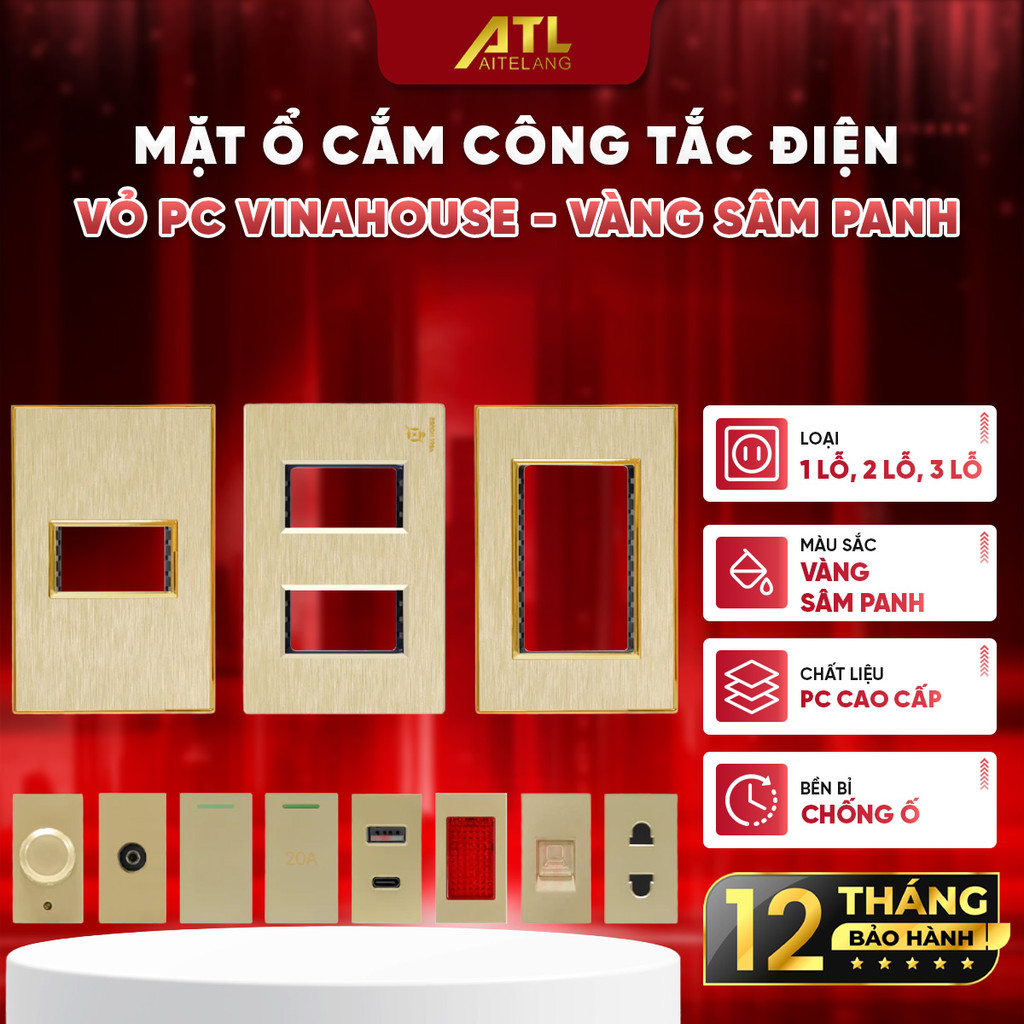Mặt ổ cắm công tắc điện VinaHouse vỏ nhựa PC vàng sâm panh, bền đẹp, dễ lắp đặt, an toàn điện